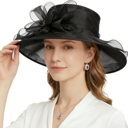 DRESHOW Women Organza Hat Church Cap Hats Clearance Kentucky Derby Cocktail Tea Party Wedding Flower Hat with Wide Brim - color: Royal Black