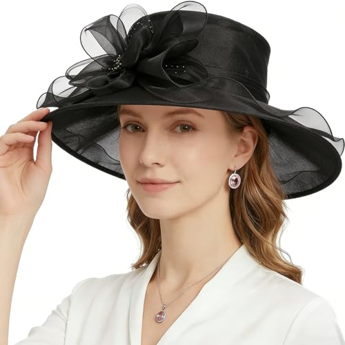 AQOKKA Women Organza Church Fascinators Kentucky Derby Hats for Women and Girls Wedding Flower Tea Party Hat with Wide Brim - color: Black