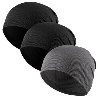 3 Pack Breathable Cooling Skull Cap Sweat Wicking Beanie for Cycling Running Helmet Liner Cap Under Hard Hat - color: Black+black+gray