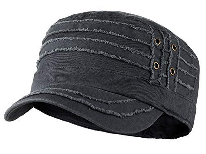 D&Y Unisex 100% Cotton Military Cadet Hat - Distressed Frayed Flat Top Cap - Adjustable Everyday Patrol Hat - color: Dark Gray