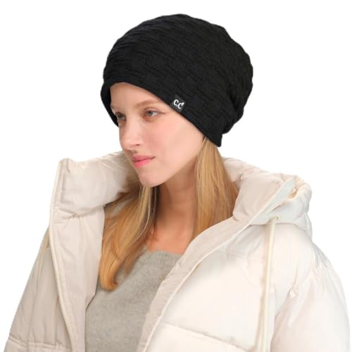 C.C Fuzzy Lined Beanie, Thick Soft Knit Winter Hat, Warm Cozy Skull Cap for Women & Men - color: Black