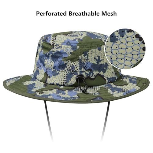 BASSDASH UPF 50+ Water-Resistant Fishing Bucket Hat with Laser Perforated Mesh Adjustable for Men Women Outdoor Hiking - color: Green Vegetation Camo
