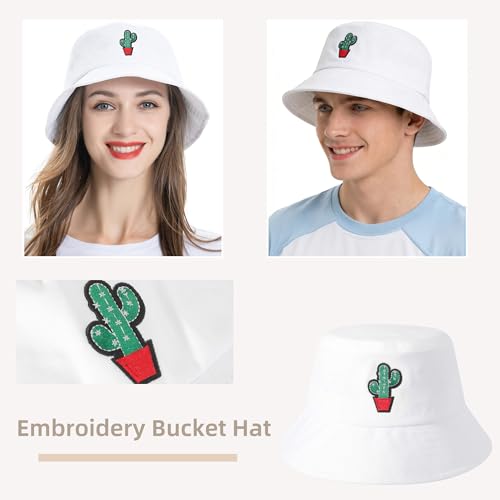ZLYC Cotton Bucket Hat for Women Men Embroidered Packable Summer Sun Cap - color: Cactus White