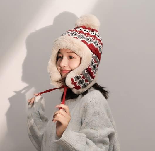 Holiberty Womens Winter Knit Beanie Hat Ladies Fur Pom Poms Ears Warm Slouchy Snow Ski Cap Fleece Thermal Ushanka Trapper Hat - color: Red, Jacquard Pattern