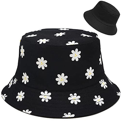 XYIYI Cute Bucket Hat Beach Fisherman Hats for Women, Reversible Double-Side-Wear - color: Flower Black