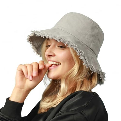 CHOK.LIDS Frayed Bucket Hat Washed Cotton Floppy Wide Brim Boonie Cap - color: Light Grey