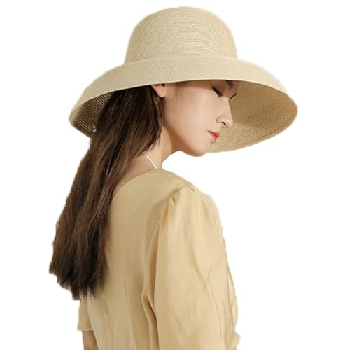 Women Floppy Sun Hat Wide Brim Straw Beach Cap UPF Straw Foldable Sun Hat for Summer - color: Beige