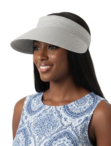 CHUNG Women Visor Sun Hat Paper Straw Wide Brim Adjutable Ponytail Packable Beach Holiday Summer Travel - color: V-light Grey
