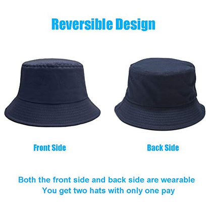 Bucket Hat for Women Men, Reversible Cotton Summer Sun Beach Cap Solid Color Style - color: A-navy