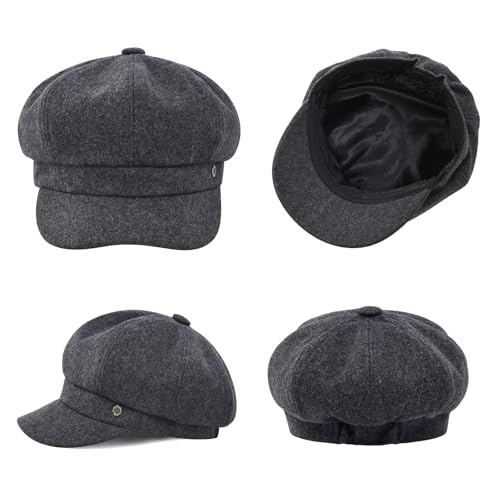 VOBOOM 8 Panel Wool Tweed Newsboy Gatsby Ivy Cap Golf Cabbie Driving Hat - color: Plain Grey