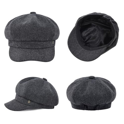 VOBOOM 8 Panel Wool Tweed Newsboy Gatsby Ivy Cap Golf Cabbie Driving Hat - color: Plain Grey