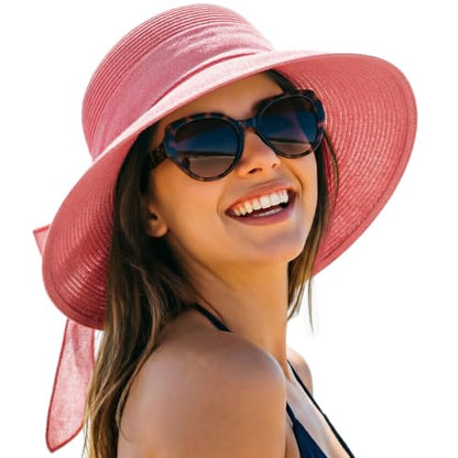 DRESHOW Sun Hats for Women Summer Wide Brim Beach Straw Hat Bowknot Bucket Hats Foldable Floppy Beach Sun Hat UPF 50+ - color: 1 Pack Bowknot Ribbon Hat: Pink