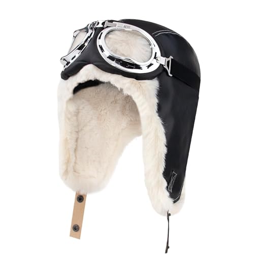 Peicees Vintage Aviator Hat And Goggles Pilot Hat Costume for Adult Leather Trapper Hat With Fur Ear Flaps Winter Warm