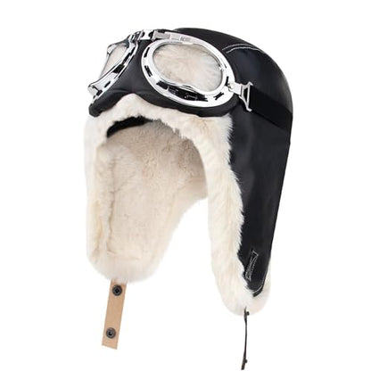 Peicees Vintage Aviator Hat And Goggles Pilot Hat Costume for Adult Leather Trapper Hat With Fur Ear Flaps Winter Warm