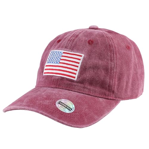 Falari USA Flag Embroidered Baseball Cap, Low Profile Adjustable Dad Hat, 100% Cotton, Pre-Washed - color: Burgundy