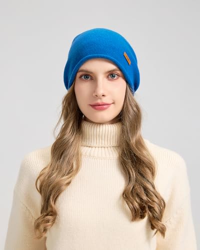 100% Merino Wool Slouchy Beanie Hat, Women Warm Winter Caps Soft, Ladies Breathable & Cozy Stretchy Knitted Skull Cap - color: Sky Blue