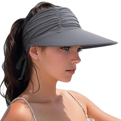 Women Visor Sun Hat Adjustable Foldable Wide Brim Sun Hats Summer UPF 50+ UV Protection Visor Cap for Outdoor Beach - color: Drak Grey a