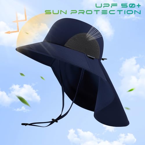 UPF 50+ Foldable Sun Hats Wide Brim with Large Neck Flap for Men Women UV Protection Gardening Fishing Beach Hat - color: Pack of 2, Navy Blue & Green