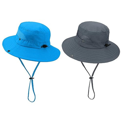 Century Star Outdoor Kids Sun Hat UPF 50+ Quick Dry Adjustable Bucket Hat Windproof Waterproof Beach Fishing Safari Hat - color: 2pcs Dark Grey & Sky Blue