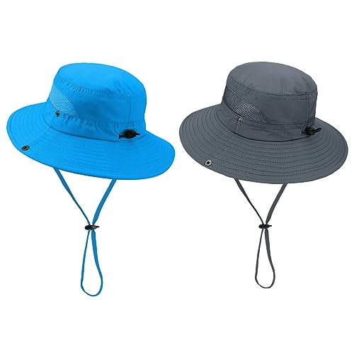 Century Star Outdoor Kids Sun Hat UPF 50+ Quick Dry Adjustable Bucket Hat Windproof Waterproof Beach Fishing Safari Hat - color: 2pcs Dark Grey & Sky Blue