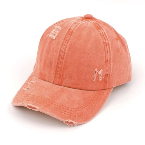Criss Cross Ponytail Hat Women Washed Distressed Baseball Caps Adjustable High Messy Bun Ponycap - color: B - Denim Orange