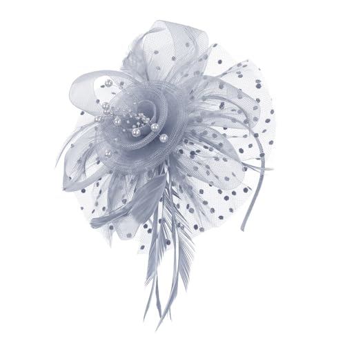 Century Star 2026 Kentucky Hat Derby Fascinator for Women Tea Party Flower Mesh Ribbons Feathers Headband Hair Clips - color: Grey