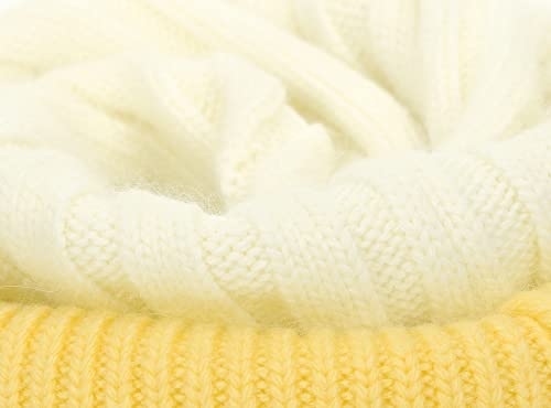 Women's Winter Ribbed Cuffed Beanie Skull Cap with Genuine Raccoon Fur Pom - color: White Yellow