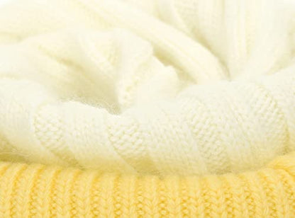 Women's Winter Ribbed Cuffed Beanie Skull Cap with Genuine Raccoon Fur Pom - color: White Yellow