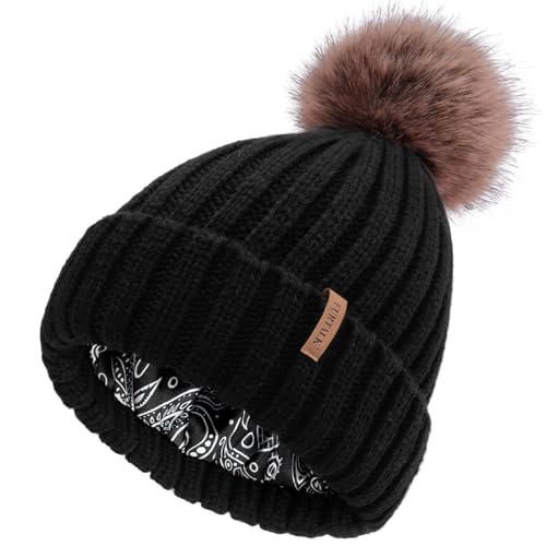 FURTALK Womens Winter Beanie Hat Satin Lined Faux Fur Pom Pom Beanies Hat for Women Winter Warm Knit Hats - color: Black