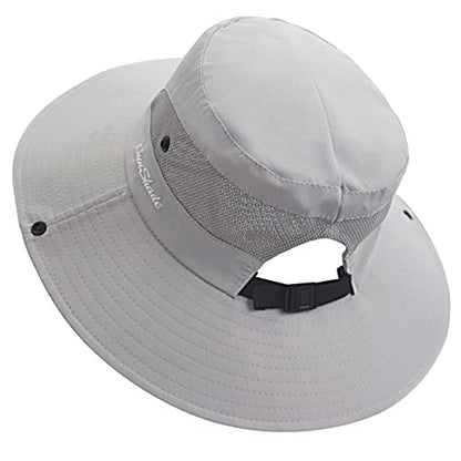 Muryobao Women's Ponytail Sun Hat UV Protection Foldable Mesh Wide Brim Beach Fishing Hat - color: Pure Light Grey