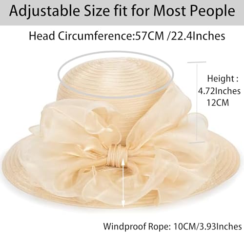 Kentucky Organza Sun Hat Summer Derby Hat Women Bowler Church Fascinators for Tea Party Wedding Cocktai - color: Champagne-bowknot
