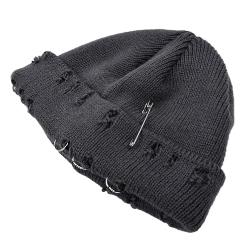 AIBEARTY Swag Short Fisherman Beanie for Men Women Rolled Cuff Beanie Skull Caps Wool Knit Winter Ski Hat with O Rings - color: Grey With Pin