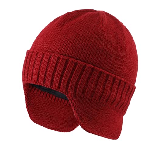 Home Prefer Mens Winter Hat Knit Earflap Hat Stocking Caps with Ears Beanie Hat - color: Red