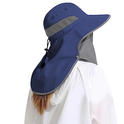 Outdoor Sun Hat Detachable Neck Face Flap UPF 50+UV Protection Visor Fishing Hats with Neck Flap for Men & Women - color: Navy