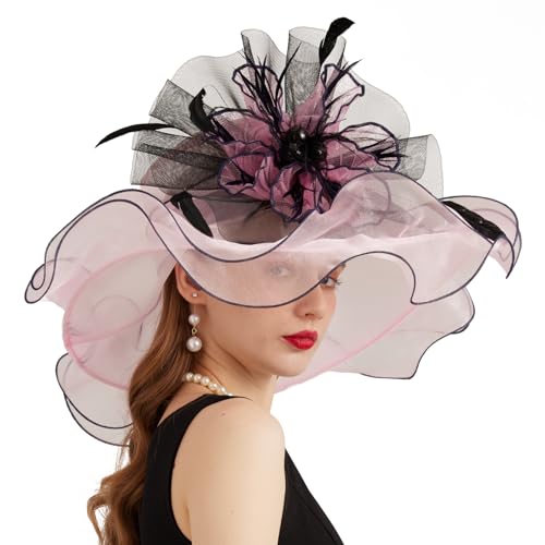 Women Organza Church Derby Hat Wide Brim Sun Caps for Wedding Tea Party Hat with Detachable hat Flower as Headgear - color: 11-pink