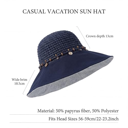 Women’s Packable Sun Hat, Wide Brim Foldable Beach Hat, UPF 50+ UV Protection Travel Summer Hat with Adjustable Fit - color: Blue