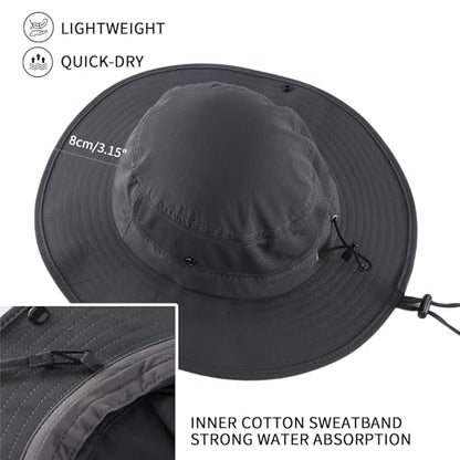 Home Prefer UPF50+ Mens Sun Hat Wide Brim Womens UV Protection Beach Bucket Hat for Fishing Hiking Snap Up Cowboy Hat - color: Dark Grey
