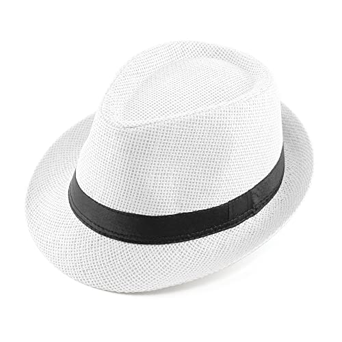FALETO Unisex Summer Panama Straw Fedora Hat Short Brim Beach Sun Cap Classic - color: #01 White