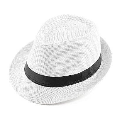 FALETO Unisex Summer Panama Straw Fedora Hat Short Brim Beach Sun Cap Classic - color: #01 White