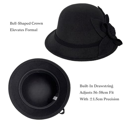 Woolen Cloche Hat for Women, Flower Winter Warm Bucket Cap - color: Black