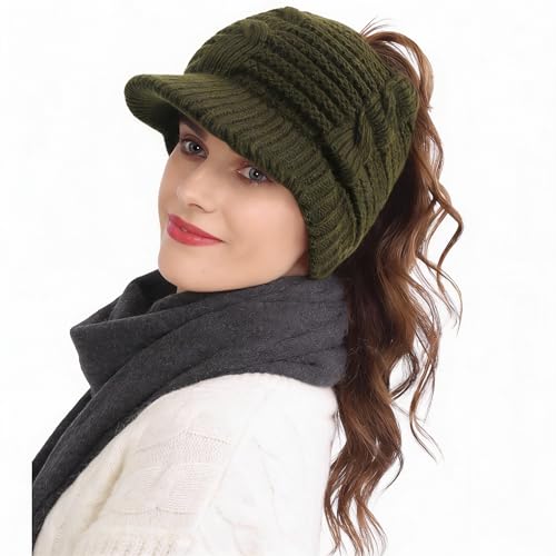 Women's BeanieTail Warm Knit Hat Messy High Bun Ponytail Visor Beanie Cap - color: B340-green, size: Medium