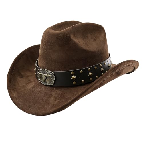 Cowboy Hat for Women and Men, Adjustable Felt Wide Brim Western Cowboy Hat for Parties, Size:M - color: Brown1