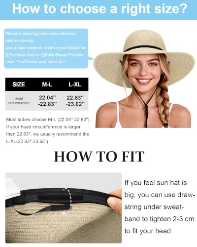 Sun Hats for Women, Summer Wide Brim Straw Beach Hat - color: White, size: Large