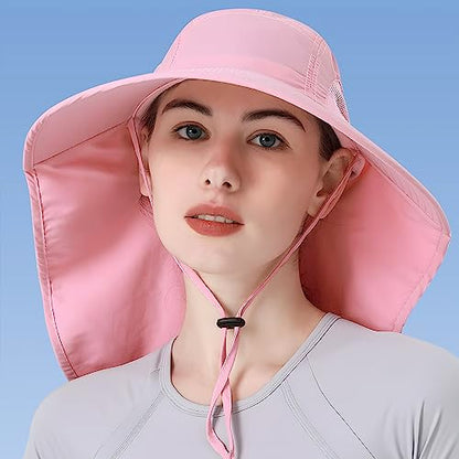 Womens Sun Hat UV Protection, Foldable Waterproof Wide Brim Bucket Hats with Neck Flap for Summer Beach Fishing Hiking - color: Pink