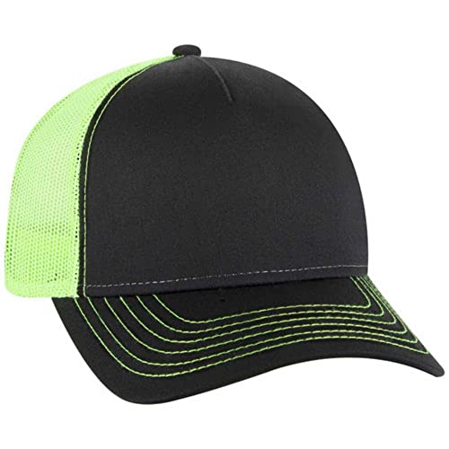 The Vintage Year Plain Cotton Structured Mesh Adjustable Trucker Sports Baseball Cap - color: Black/Black/Neon Green