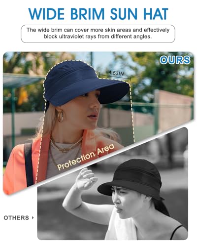 Century Star Sun Hat for Women Wide Brim Zip-Off Beach Hat Visor Ponytail UV Protection Summer Visors - color: Dark Blue