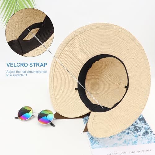 DRESHOW Sun Hats for Women Travel Fedora Foldable Beach Sun Hat Summer Wide Brim Straw Bucket Hat with Bowknot UPF 50+ - color: 1 Pack Bowknot Straw Hat: Beige With Brown Band