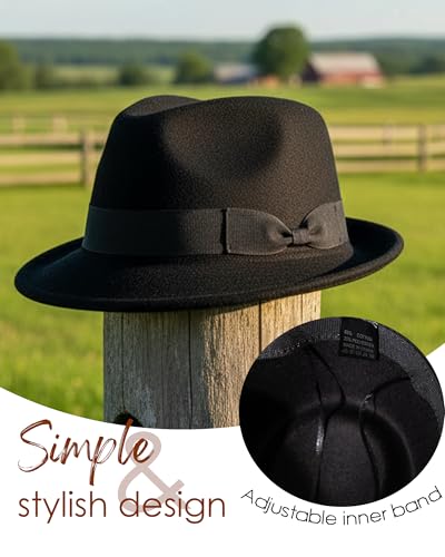 Fedora Hats for Men Women 1920s Short Brim Felt Trilby Hat - color: Black