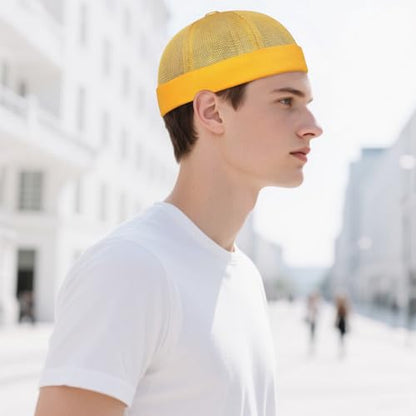Mens Mesh Brimless Cap with No Brim, Summer Docker Cap Beanie Hat Flip Sailor Skullcap Breathable - color: Yellow