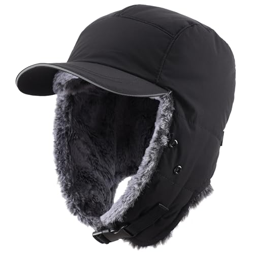 Connectyle Trapper Hat for Men Women Faux Fur Winter Hat with Ear Flaps Water-Resistant Hunting Hats Ushanka Skiing Cap - color: Black